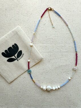 Handmade Pearl & Gemstone Beaded Necklace Pink Blue Purple